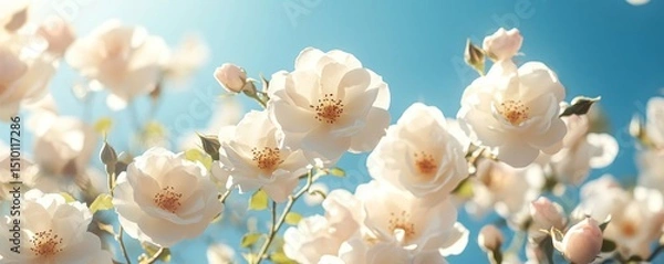 Obraz close-up of delicate white roses glowing under the sunlight, set against a cloudless blue sky, Generative AI