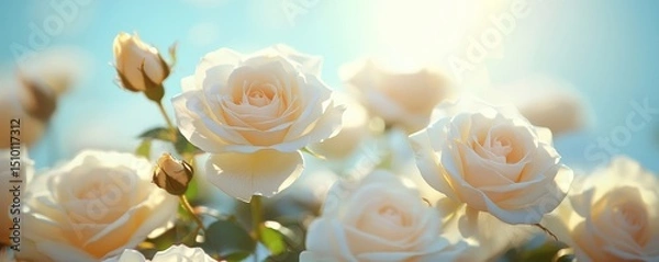 Obraz close-up of delicate white roses glowing under the sunlight, set against a cloudless blue sky, Generative AI