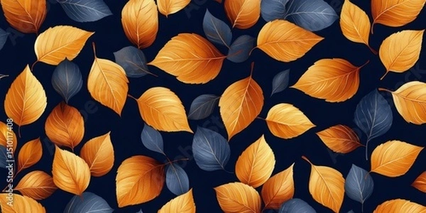 Obraz seamless navy background adorned with golden autumn leaves, arranged in an intricate pattern, Generative AI