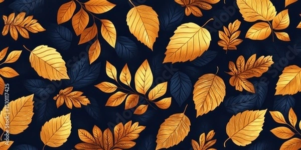 Fototapeta seamless navy background adorned with golden autumn leaves, arranged in an intricate pattern, Generative AI