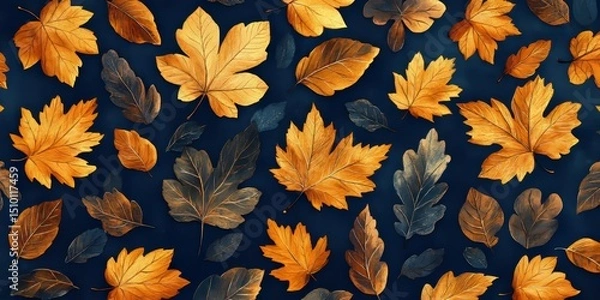 Obraz seamless navy background adorned with golden autumn leaves, arranged in an intricate pattern, Generative AI