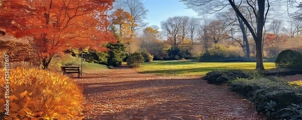 Obraz picturesque autumn park with leaves in shades of red and gold, scattered on the ground beneath vibrant trees, Generative AI