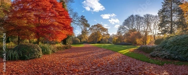 Obraz picturesque autumn park with leaves in shades of red and gold, scattered on the ground beneath vibrant trees, Generative AI