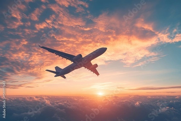 Obraz airplane flying through the evening sky, silhouetted against a radiant orange and pink sunset, Generative AI