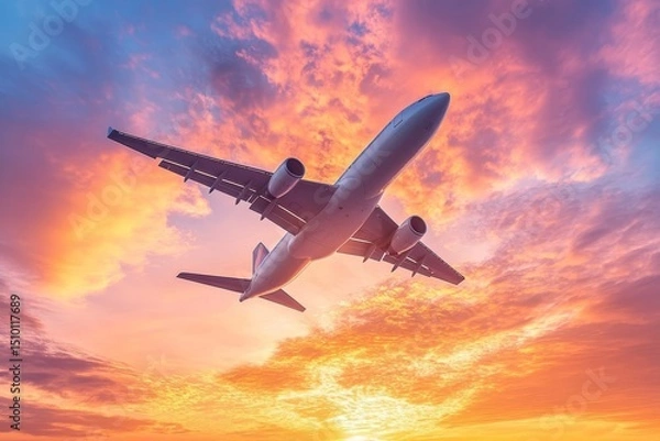 Obraz airplane flying through the evening sky, silhouetted against a radiant orange and pink sunset, Generative AI