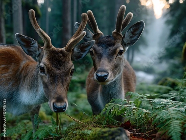 Fototapeta Deer Duo in the Verdant Woodland: A portrait of two majestic deer, their antlers proudly displayed, standing amidst the lush greenery of a serene forest, evoking a sense of wonder and natural beauty.