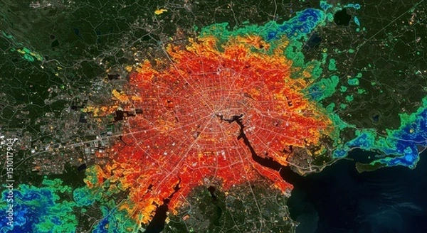 Obraz Urban Heat Island Effect Visualization - Satellite depicting urban heat island effect, showing temperature variations across a city and surrounding areas