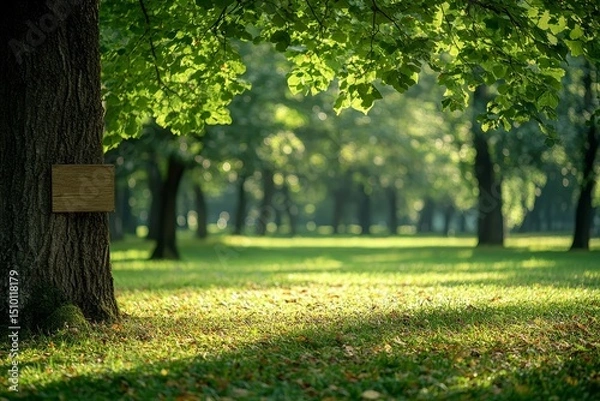 Obraz summer park scene with blurred trees and green leaves, creating a warm and inviting atmosphere, Generative AI