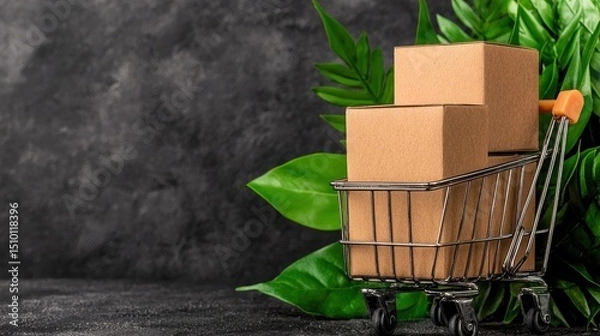 Fototapeta Eco Friendly Cardboard Boxes in a Shopping Cart with Tropical Leaves