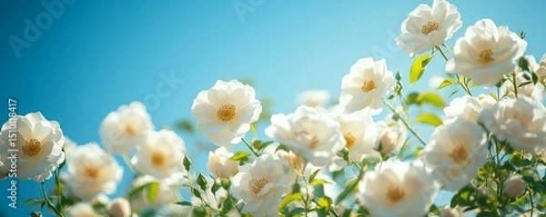 Obraz banner of wild white roses blooming vividly against a bright blue sky, with room for text, Generative AI
