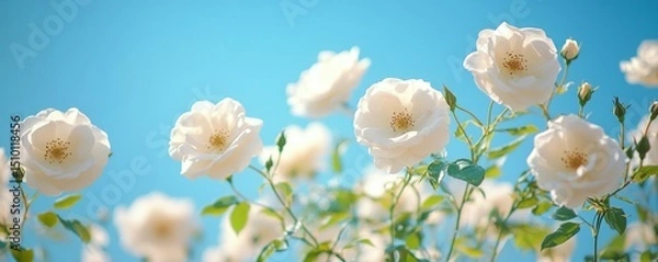 Obraz banner of wild white roses blooming vividly against a bright blue sky, with room for text, Generative AI