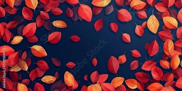 Obraz navy blue background with scattered autumn leaves in shades of red and orange, forming a luxurious design, Generative AI