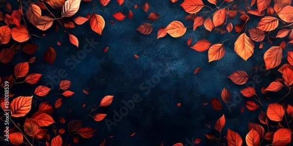 Obraz navy blue background with scattered autumn leaves in shades of red and orange, forming a luxurious design, Generative AI