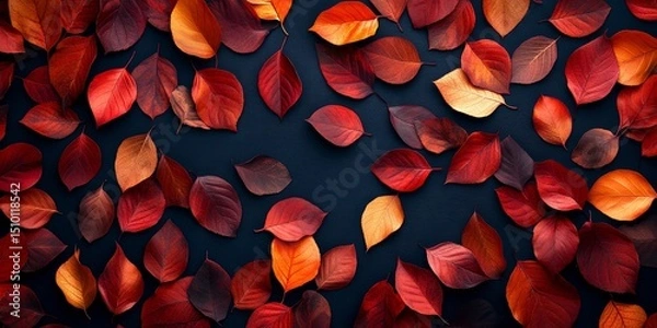 Obraz navy blue background with scattered autumn leaves in shades of red and orange, forming a luxurious design, Generative AI