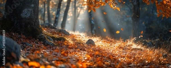 Obraz serene autumn landscape with golden and red leaves blanketing the forest floor, illuminated by soft sunlight, Generative AI