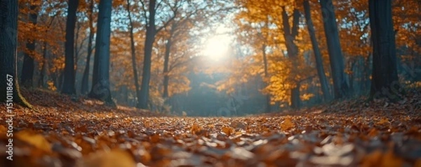 Obraz serene autumn landscape with golden and red leaves blanketing the forest floor, illuminated by soft sunlight, Generative AI