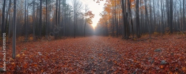 Obraz serene autumn landscape with golden and red leaves blanketing the forest floor, illuminated by soft sunlight, Generative AI