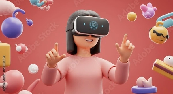 Obraz Virtual Reality Girl Exploring World - Young woman wearing VR headset, immersed in colorful 3D environment, interacting with playful objects, symbolizing innovation, technology, fun, exploration