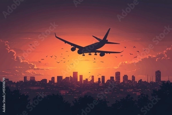 Obraz flat illustration of an airplane soaring above a silhouette cityscape with a vibrant orange gradient sky, Generative AI