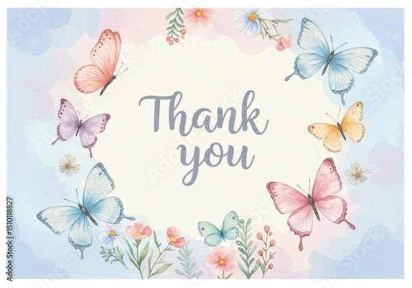 Obraz Watercolor Butterflies Thank You Card - Delicate watercolor butterflies and flowers surround a "Thank You" message, perfect for expressing gratitude