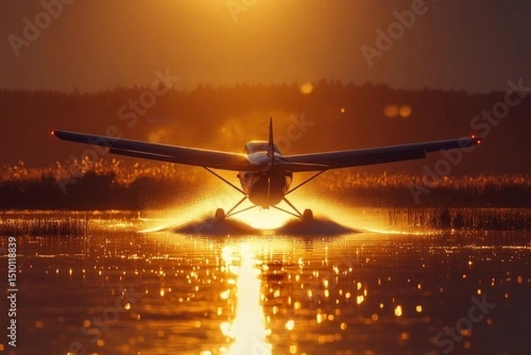 Obraz plane taking off at sunset, captured with the golden light reflecting off its wings, Generative AI