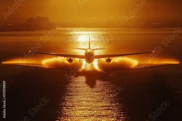 Obraz plane taking off at sunset, captured with the golden light reflecting off its wings, Generative AI