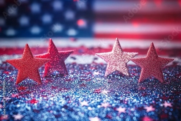 Obraz bold patriotic design with red, white, and blue stars and an American flag backdrop, enhanced with glitter effects, Generative AI