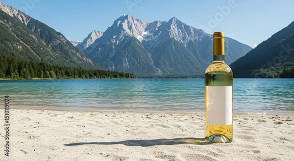 Obraz White Wine by Mountain Lake - A bottle of white wine sits on a sandy beach, with a stunning mountain lake and snow-capped peaks in the background