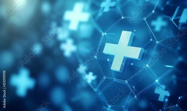 Obraz dynamic medical design featuring geometric patterns of hexagons and connecting nodes in shades of blue, Generative AI