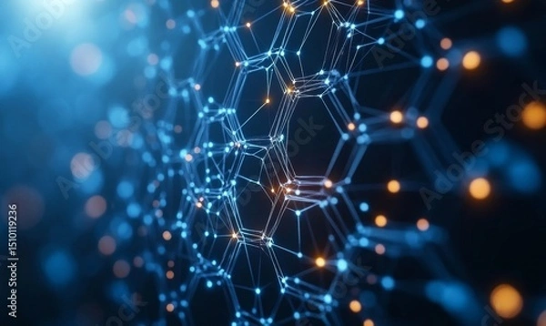 Obraz dynamic medical design featuring geometric patterns of hexagons and connecting nodes in shades of blue, Generative AI