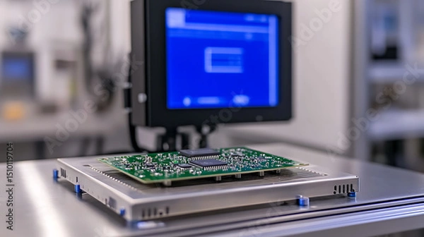 Fototapeta Printed circuit board inspection with automated testing and verification for quality assurance on factory equipment, blue display monitors test results.