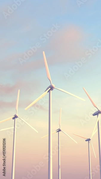 Fototapeta A vertical scene of modern wind turbines gently rotating at sunset in a realistic 3D rendering. Concept of sustainability, clean energy, and environmental awareness