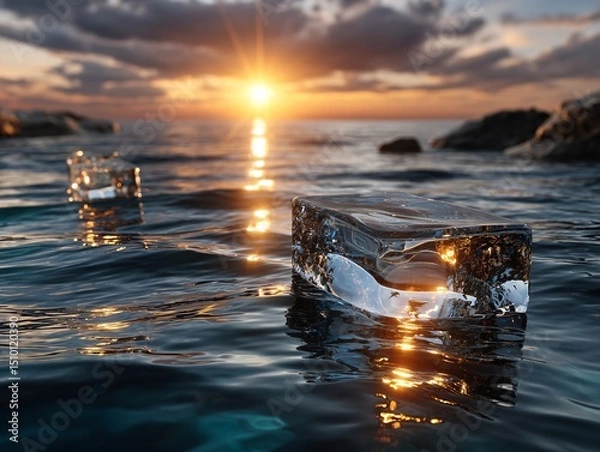 Fototapeta Ice Cubes in Sunset Sea: Two pristine ice cubes float serenely on the surface of a calm sea, illuminated by the vibrant hues of a breathtaking sunset.
