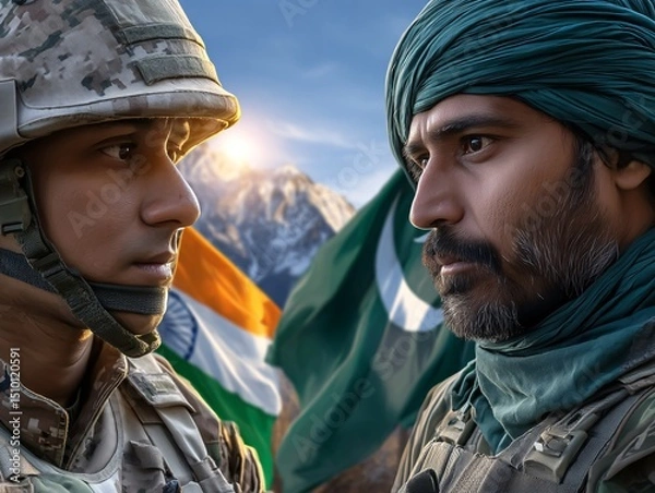 Obraz Divided Lines: Two soldiers face each other, representing the complex dynamics of conflict, with the backdrop of flags symbolizing opposing nations and mountain hinting at geographic tensions.