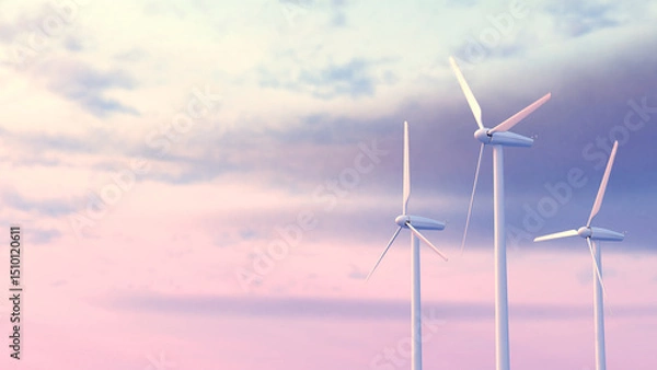 Fototapeta Three wind turbines standing tall and rotating against sky during dusk with copy space in 3D rendering. Concept of sustainability, clean energy, and environmental awareness