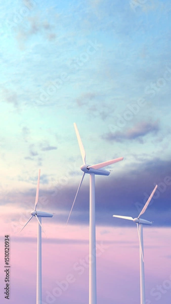 Fototapeta Vertical scene of three wind turbines standing tall and rotating against sky during dusk with copy space in 3D rendering. Concept of sustainability, clean energy, and environmental awareness