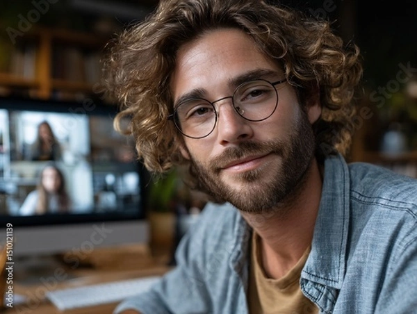 Fototapeta Connected Communication: A focused man with eyeglasses actively participates in a video conference, displaying a close-up view and a confident demeanor, connecting globally.