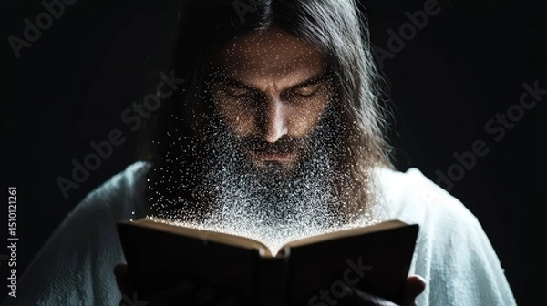 Obraz A man is reading a book with his face covered in dust