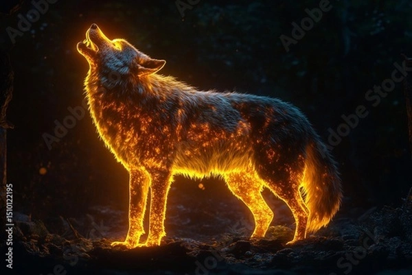 Fototapeta Massive glowing wolf howling into the night under a starry sky, surrounded by trees and foliage