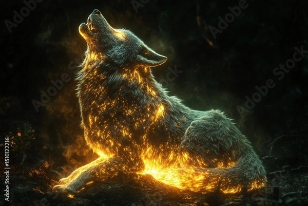 Fototapeta Massive glowing wolf howling into the night under a starry sky, surrounded by trees and foliage