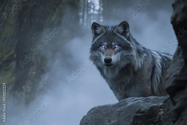 Fototapeta Wolf with radiant eyes reflects the power of the moon in a mystical forest setting under twilight sky
