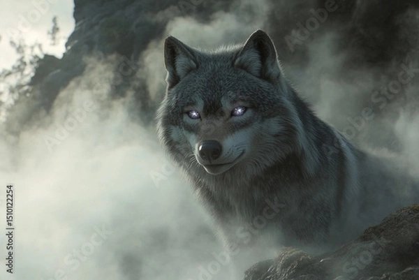 Fototapeta Wolf with radiant eyes reflects the power of the moon in a mystical forest setting under twilight sky
