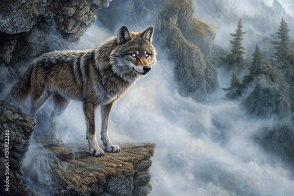 Fototapeta Wolf with radiant eyes reflects the power of the moon in a mystical forest setting under twilight sky