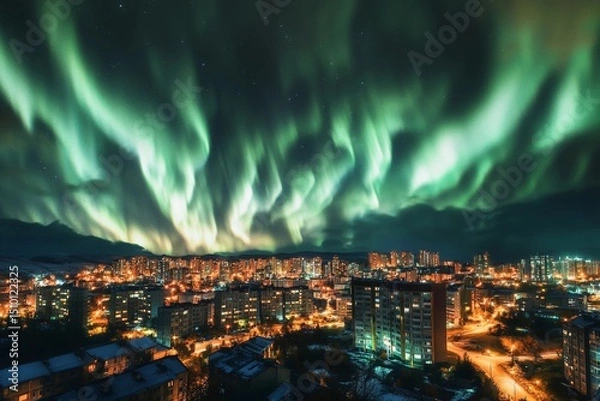 Fototapeta Aurora-like phenomenon illuminates city skyline with vibrant lights against a darkening twilight backdrop