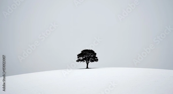 Fototapeta AI-Generated of Minimalist Winter Scene with Negative Space with Lone Tree in Snowy Landscape