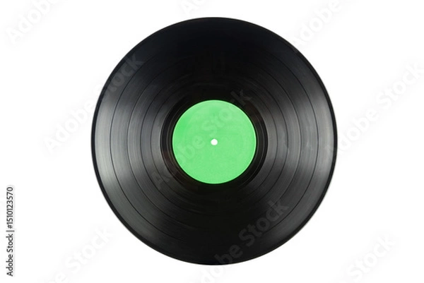 Fototapeta Vinyl record with green label, isolated on transparent background. PNG Image.