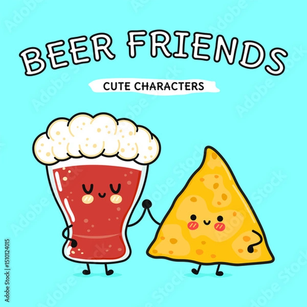 Obraz Beer and nacho cartoon characters bonding, smiling, sharing playful camaraderie while embracing culinary companionship