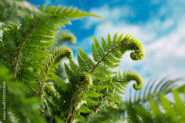 Fototapeta Unravelling fern frond against the background of blue sky.
