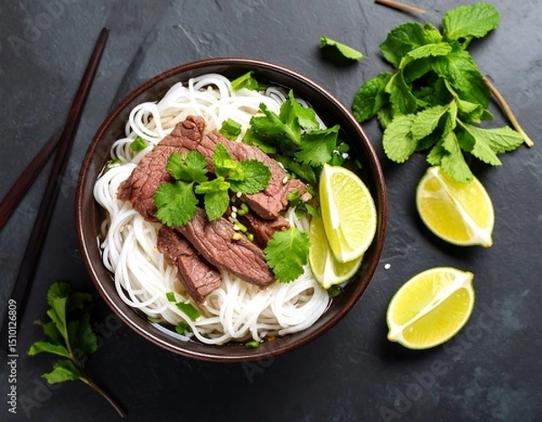 Obraz Bowl of noodles with beef and lime