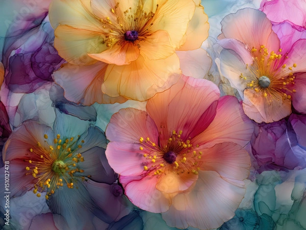 Fototapeta Colorful blooming flowers watercolor background. Translucent petals with delicate textures and vibrant colors. 